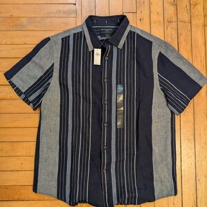 NWT Men's Banana Republic Linen Blend Navy Striped Short Sleeve Shirt